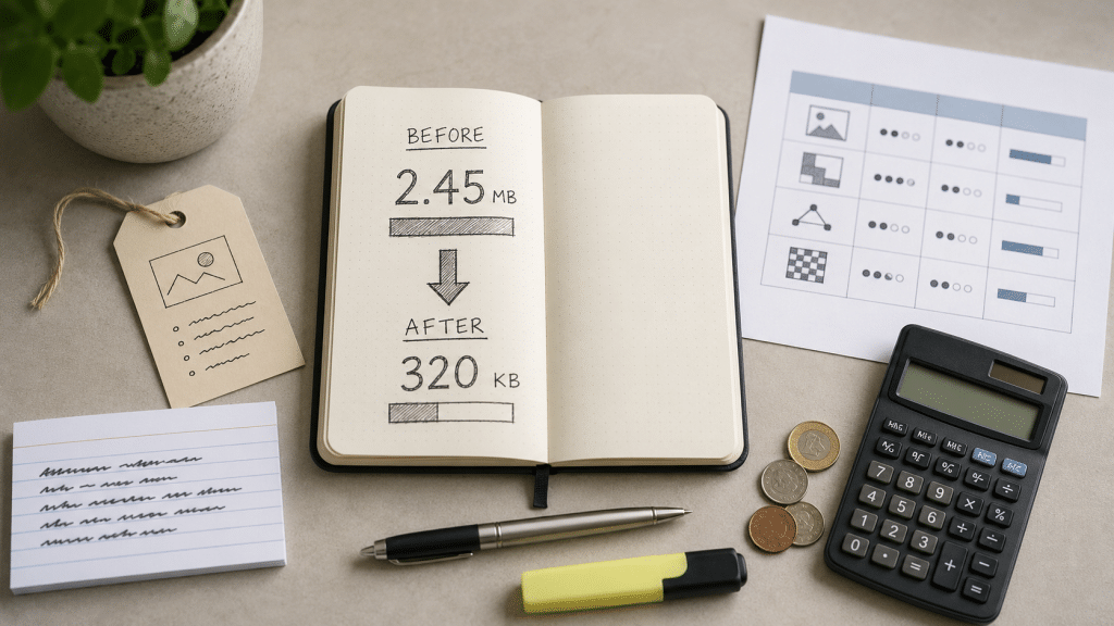 Image seo south africa planning flat-lay with a compressed-file size note, an alt-text tag card, a webp format label and a mobile-data cost jotting