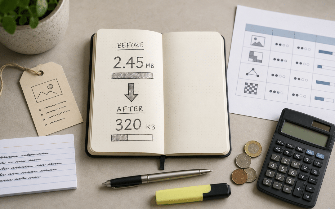 Image seo south africa planning flat-lay with a compressed-file size note, an alt-text tag card, a webp format label and a mobile-data cost jotting