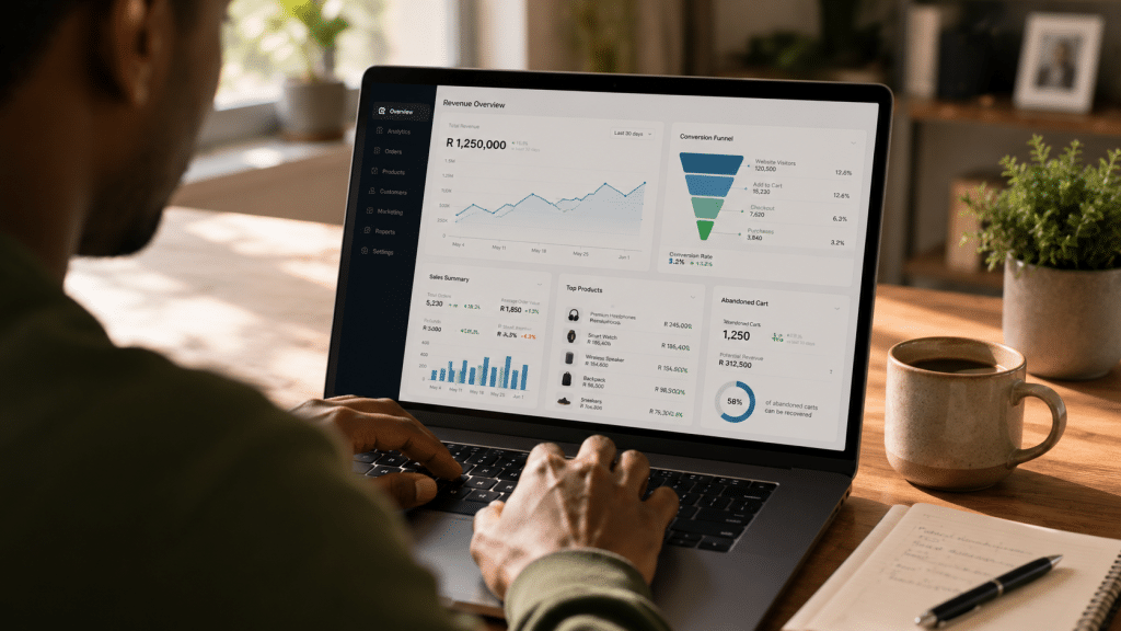 Improve ecommerce marketing 30 days — over-the-shoulder view of a Shopify dashboard with conversion and revenue metrics being analysed