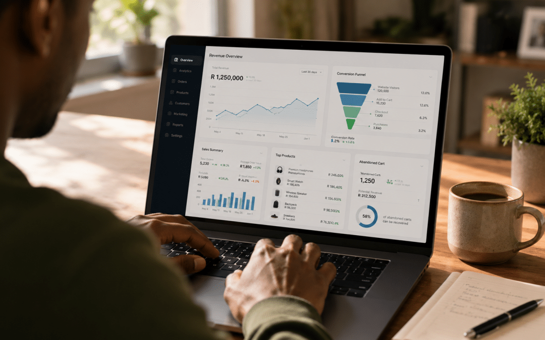 Improve ecommerce marketing 30 days — over-the-shoulder view of a Shopify dashboard with conversion and revenue metrics being analysed