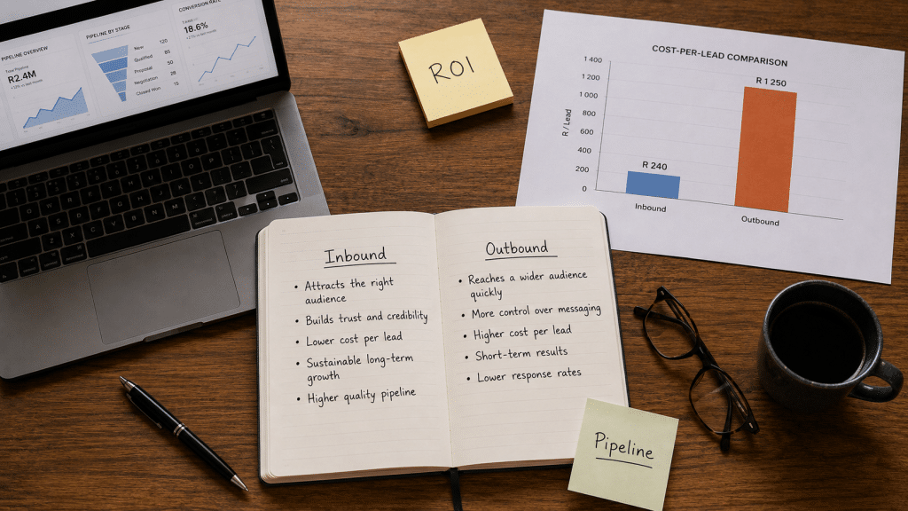 Inbound vs outbound lead generation South Africa — flat-lay of comparison framework, pipeline metrics, marketing strategy notebook