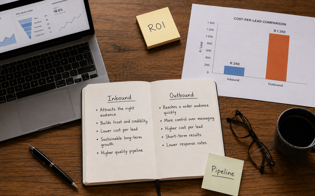 Inbound vs outbound lead generation South Africa — flat-lay of comparison framework, pipeline metrics, marketing strategy notebook