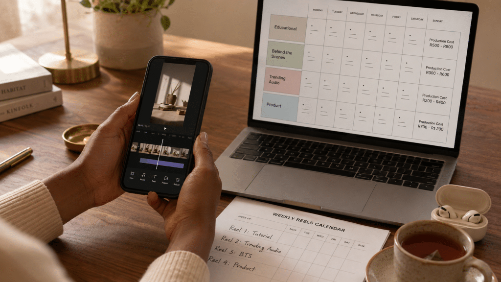Instagram reels strategy south africa planning session with an SA marketer reviewing a smartphone showing vertical video timeline editing, an open laptop displaying a content pillar grid with Rand-priced production budgets, and a printed weekly Reels posting calendar on a wooden desk