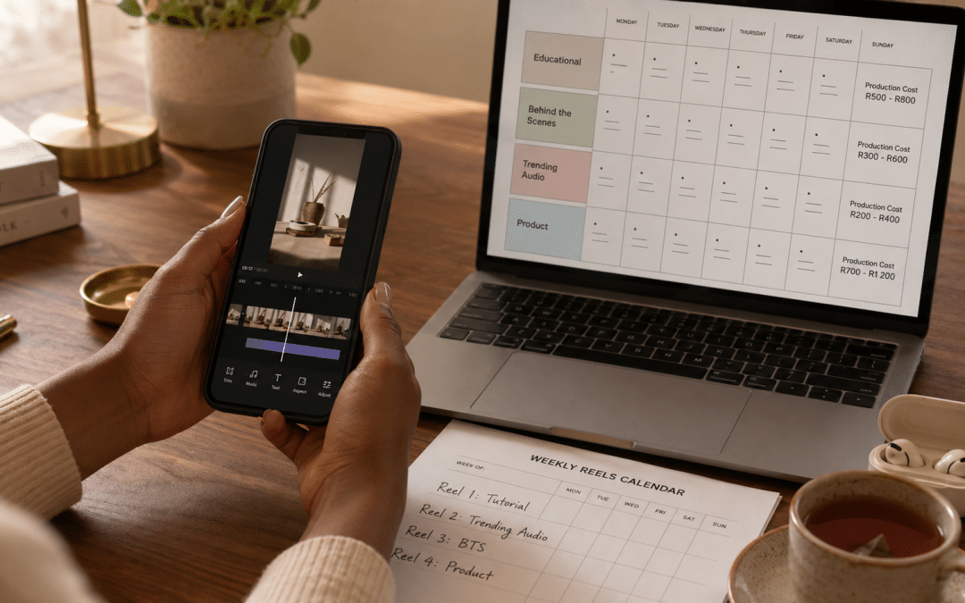 Instagram reels strategy south africa planning session with an SA marketer reviewing a smartphone showing vertical video timeline editing, an open laptop displaying a content pillar grid with Rand-priced production budgets, and a printed weekly Reels posting calendar on a wooden desk