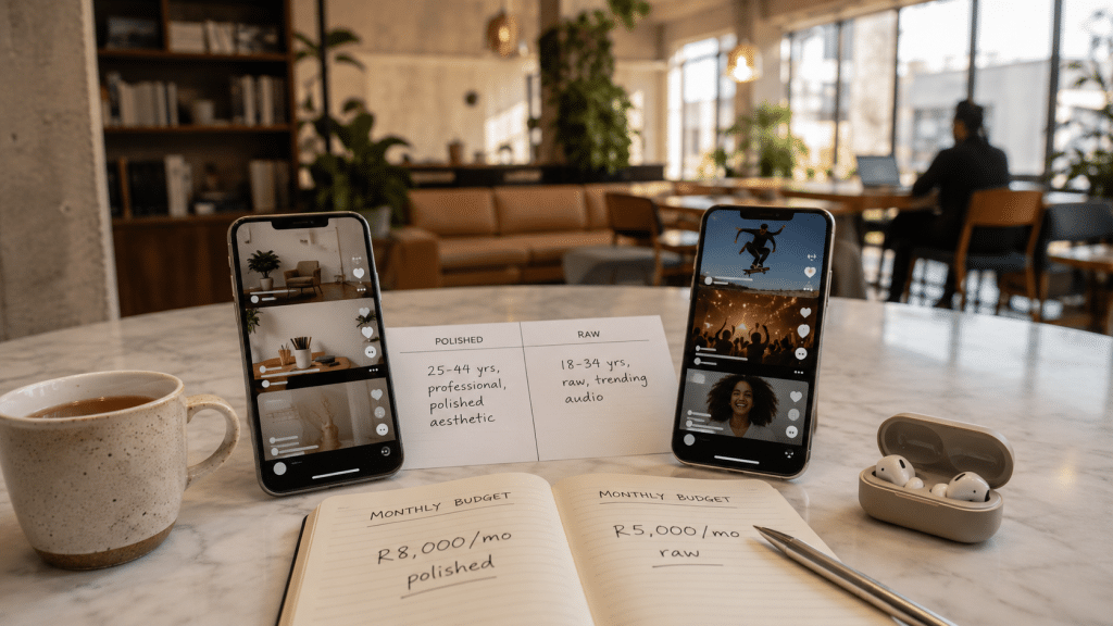 Instagram vs tiktok south africa comparison workspace in a Johannesburg coworking environment with two smartphones side by side displaying short-form video feed mockups, printed audience demographic notes, and Rand-priced content production budget annotations on a marble table