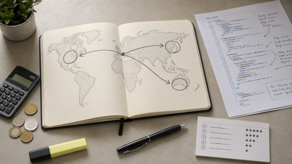 International seo south africa planning flat-lay with a world map notebook, hreflang code notes, currency conversion jottings and a market priority list