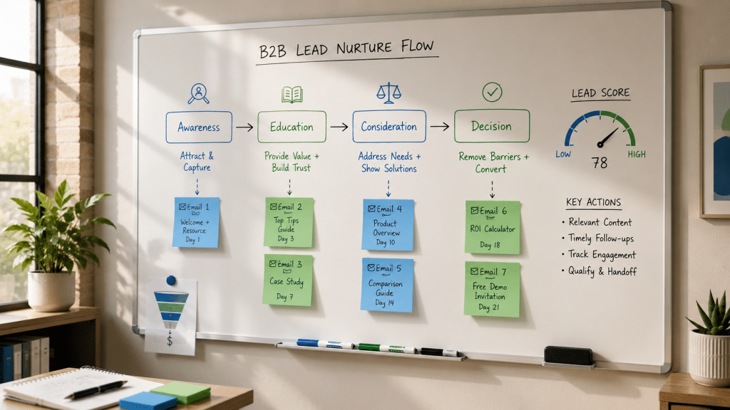 Lead nurturing strategy — whiteboard mapping a multi-touch B2B nurture sequence from cold lead to closed deal
