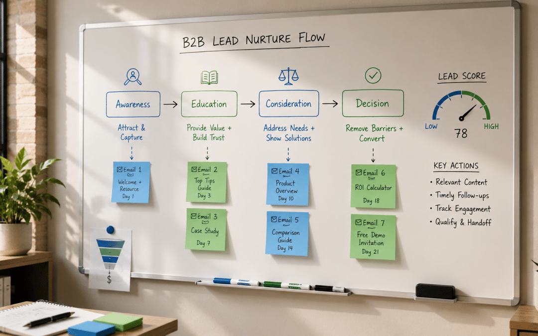 Lead nurturing strategy — whiteboard mapping a multi-touch B2B nurture sequence from cold lead to closed deal