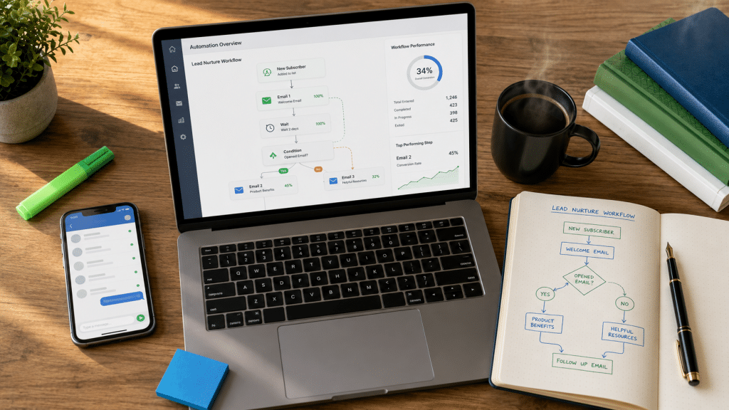 Marketing automation South Africa dashboard on laptop with smartphone showing connected workflows