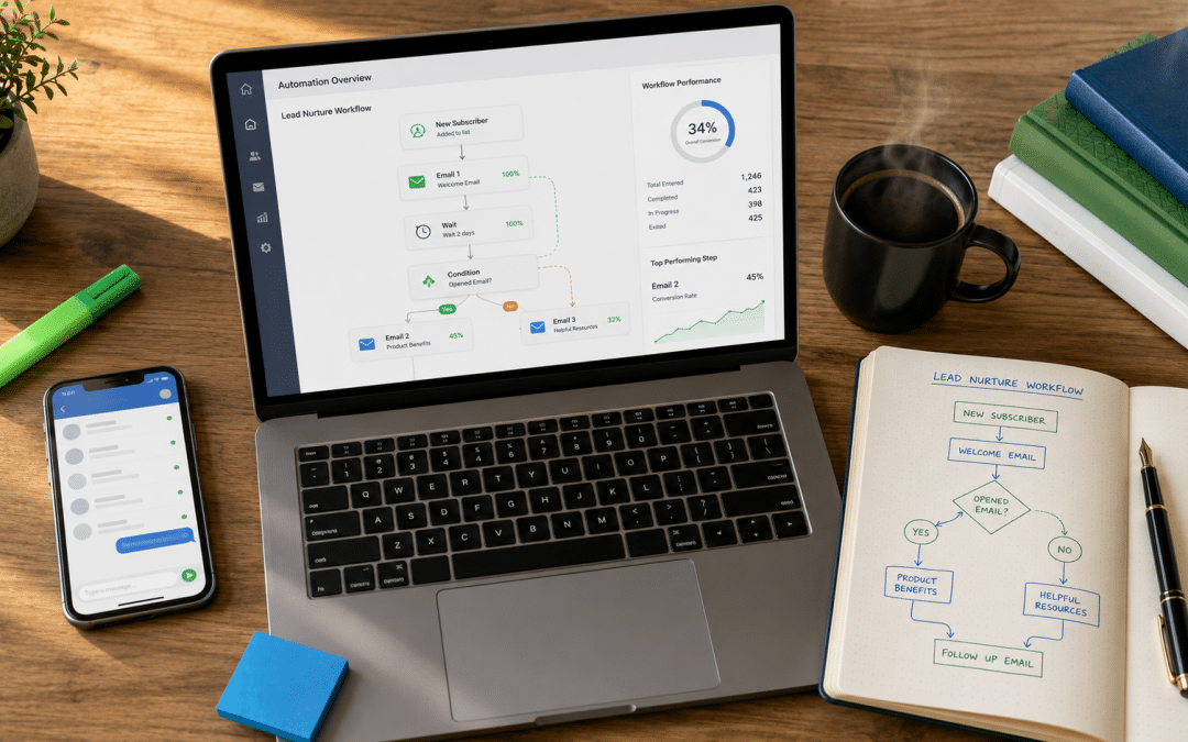 Marketing automation South Africa dashboard on laptop with smartphone showing connected workflows