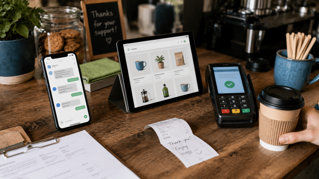 Omnichannel marketing South Africa connected touchpoints across phone tablet POS in coffee shop setting