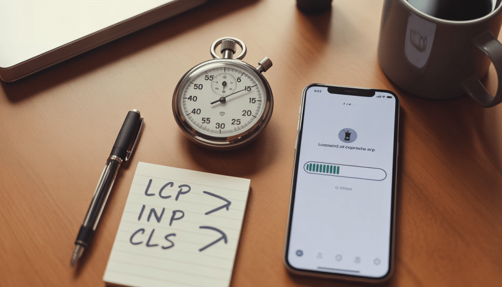 Page speed south africa diagnostic flat-lay showing a stopwatch, a smartphone displaying a generic loading bar, a notepad with handwritten Core Web Vitals metric labels LCP INP CLS, and a coffee mug on a wooden surface