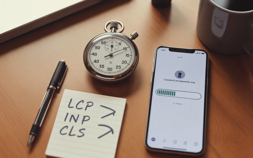 Page speed south africa diagnostic flat-lay showing a stopwatch, a smartphone displaying a generic loading bar, a notepad with handwritten Core Web Vitals metric labels LCP INP CLS, and a coffee mug on a wooden surface