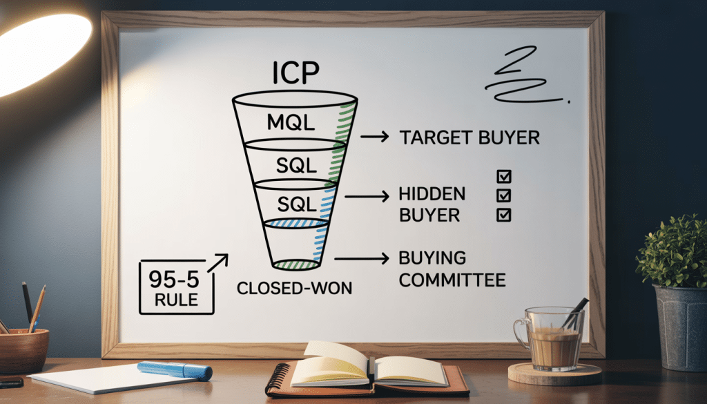 Professional services lead generation — whiteboard sketch of B2B funnel with audience tiers, content stages, and conversion benchmarks