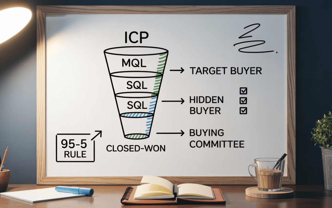 Professional services lead generation — whiteboard sketch of B2B funnel with audience tiers, content stages, and conversion benchmarks