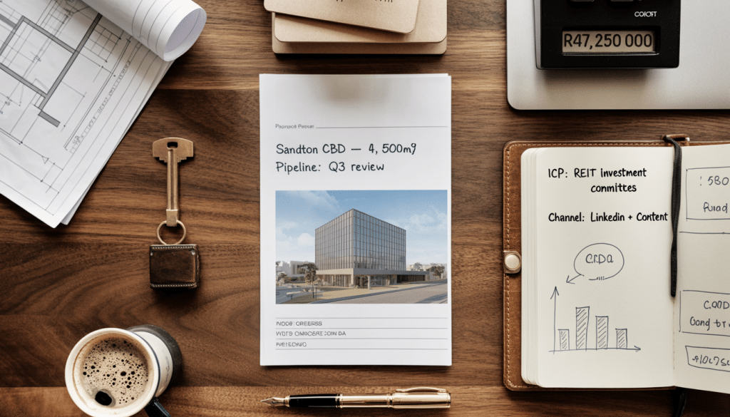Real estate lead generation South Africa — flat-lay desk view with property listings printout, calculator, brass key, leather notebook with pipeline notes, and architect's blueprint corner visible
