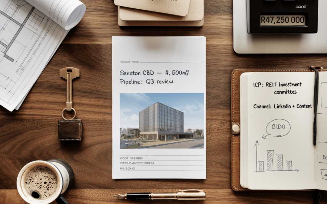 Real estate lead generation South Africa — flat-lay desk view with property listings printout, calculator, brass key, leather notebook with pipeline notes, and architect's blueprint corner visible