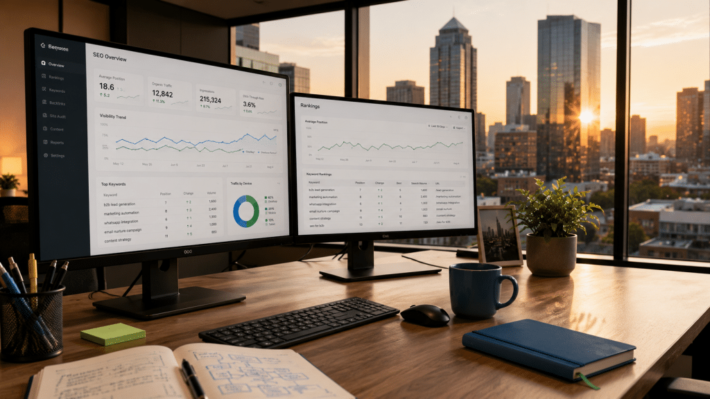 SEO agency Johannesburg — environmental view of a Sandton office workspace with SEO dashboards on monitors and JHB skyline visible