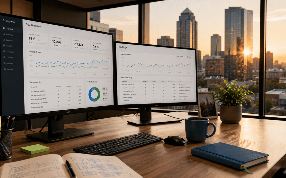 SEO agency Johannesburg — environmental view of a Sandton office workspace with SEO dashboards on monitors and JHB skyline visible