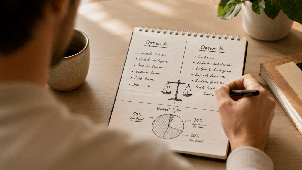 Seo vs social media south africa weighed over the shoulder of someone comparing two channel columns on a notepad with a budget split sketch