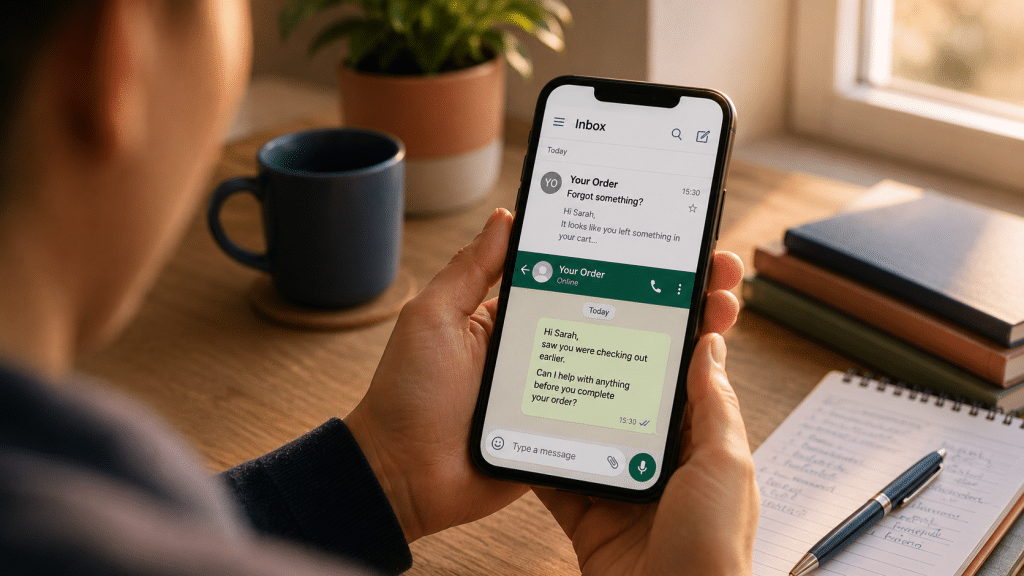 Shopify abandoned cart recovery South Africa — over-the-shoulder view of phone showing recovery email and WhatsApp notification side by side
