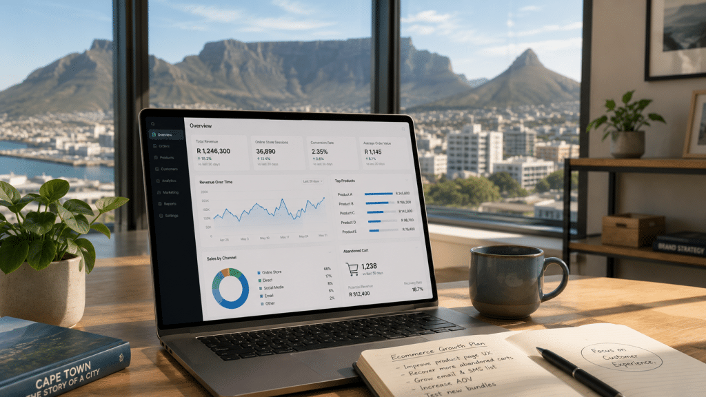 Shopify agency Cape Town — environmental view of a modern Cape Town office workspace with laptop showing ecommerce dashboard, Table Mountain visible through window