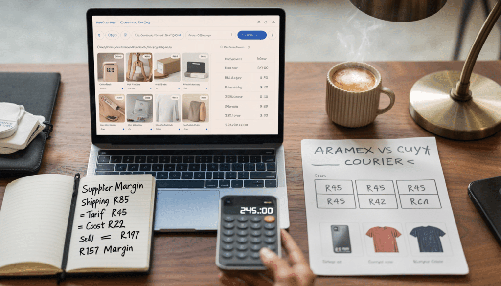 Shopify dropshipping south africa shown on a laptop with a supplier dashboard view alongside South African Rand pricing calculator, courier rate sheets for Aramex and Courier Guy, and a notebook with profit margin calculations