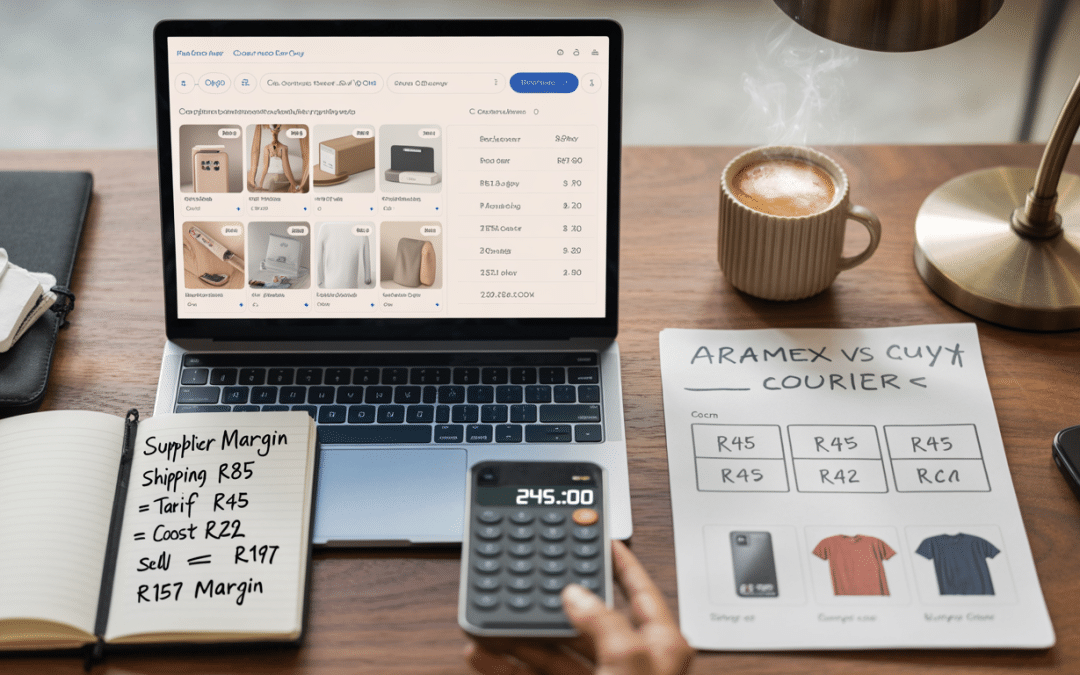 Shopify dropshipping south africa shown on a laptop with a supplier dashboard view alongside South African Rand pricing calculator, courier rate sheets for Aramex and Courier Guy, and a notebook with profit margin calculations