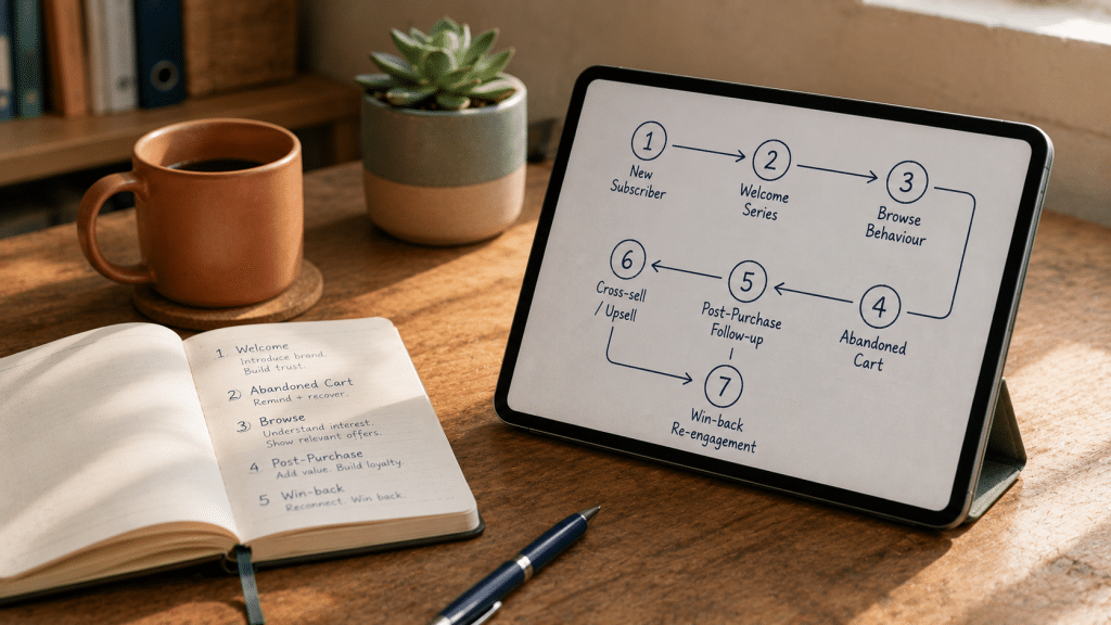 Shopify email automation flows South Africa — clean ecommerce operator's workspace with a notebook listing welcome, abandoned cart and post-purchase flow steps