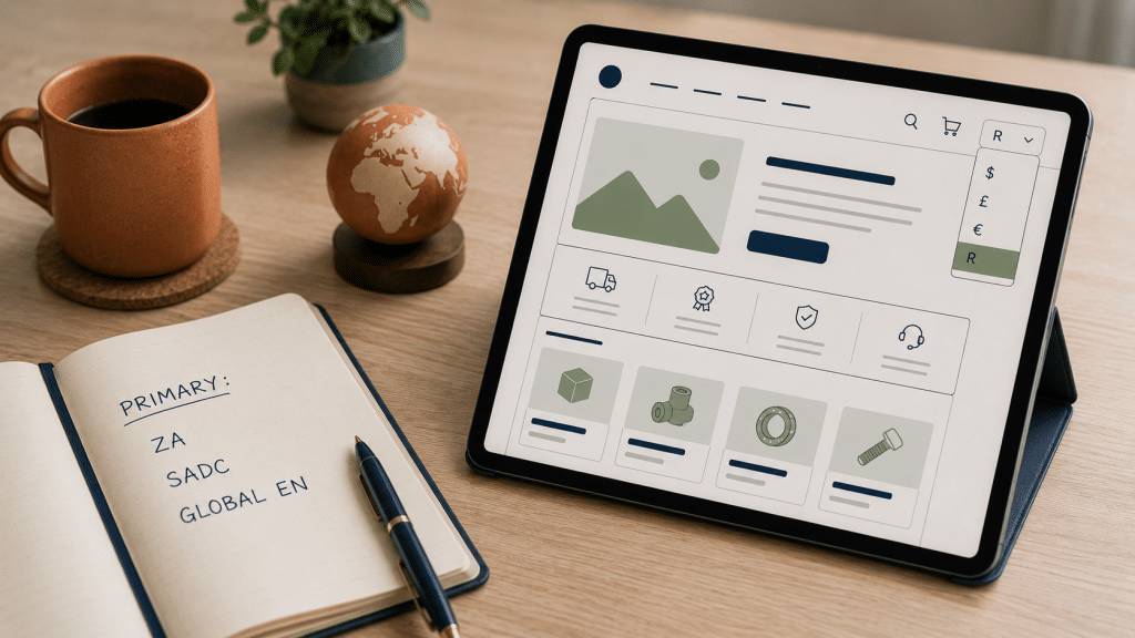 Shopify Markets South Africa — tablet on a clean desk showing a regional storefront concept with multiple currency symbols and a small notebook listing market configurations