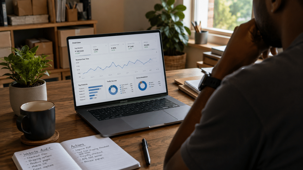 Shopify mistakes South Africa — environmental shot of SA ecommerce owner reviewing analytics dashboard on laptop showing conversion rate issues