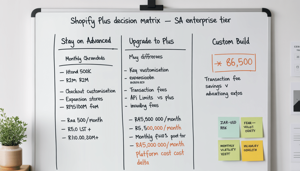 Shopify plus south africa upgrade decision matrix drawn on a whiteboard with monthly revenue thresholds, ZAR conversion of Plus pricing, break-even calculations, and feature comparison columns for enterprise ecommerce evaluation