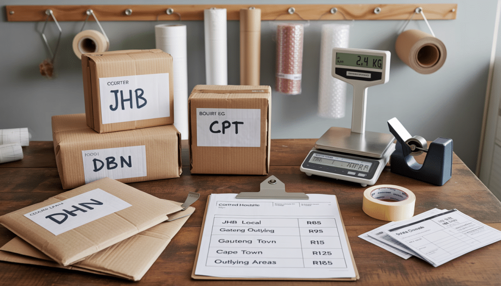 Shopify shipping south africa dispatch station with packed parcels labelled for Courier Guy and Aramex, printed waybills, a tape gun, a digital scale showing 2.4kg, and a clipboard with handwritten Rand shipping rates per zone