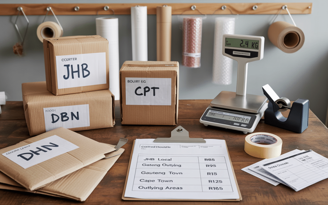Shopify shipping south africa dispatch station with packed parcels labelled for Courier Guy and Aramex, printed waybills, a tape gun, a digital scale showing 2.4kg, and a clipboard with handwritten Rand shipping rates per zone