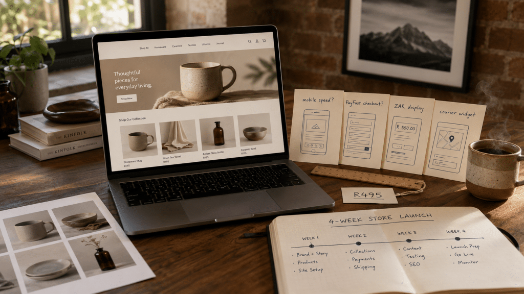 Shopify themes south africa shown on a designer's desk with a laptop displaying a generic ecommerce homepage layout, theme swatches, and South African product samples arranged for store branding