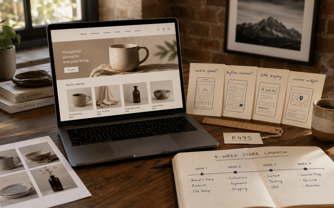 Shopify themes south africa shown on a designer's desk with a laptop displaying a generic ecommerce homepage layout, theme swatches, and South African product samples arranged for store branding