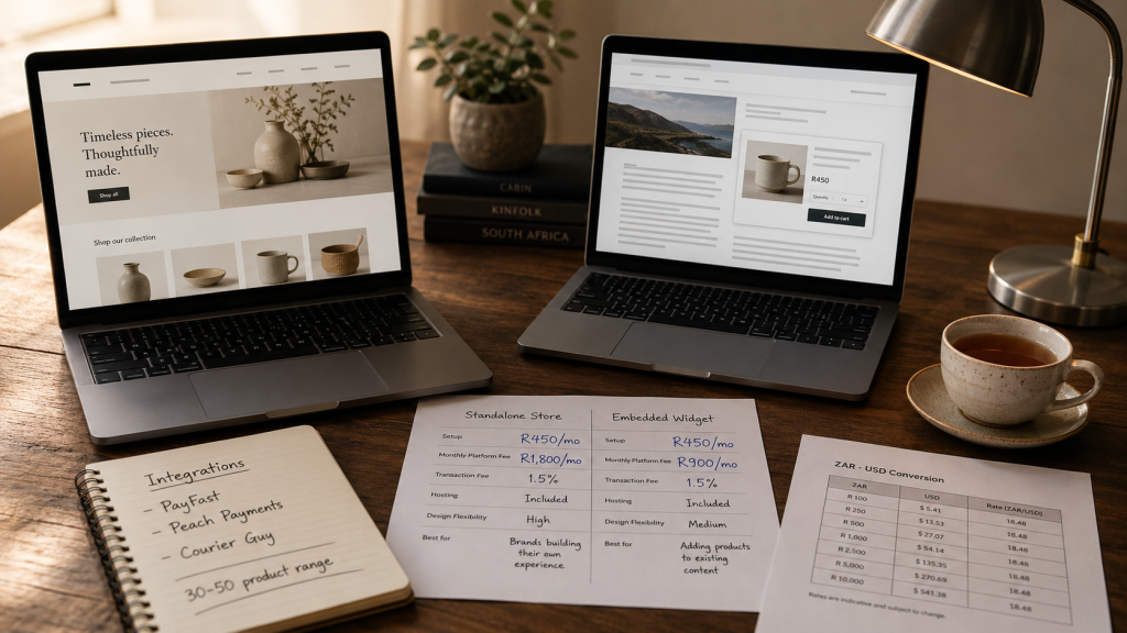 Shopify vs Ecwid south africa platform comparison with two laptop screens side by side showing a standalone Shopify storefront and an Ecwid widget embedded in a WordPress site, Rand-priced subscription comparison sheet, and PayFast integration notes on a wooden desk