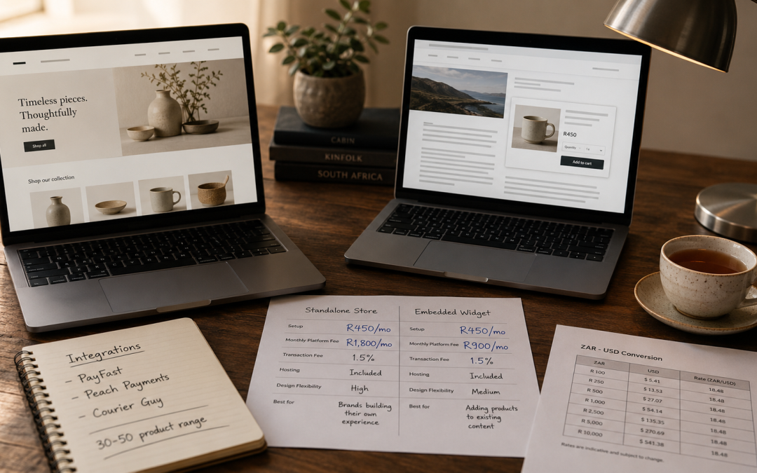 Shopify vs Ecwid south africa platform comparison with two laptop screens side by side showing a standalone Shopify storefront and an Ecwid widget embedded in a WordPress site, Rand-priced subscription comparison sheet, and PayFast integration notes on a wooden desk