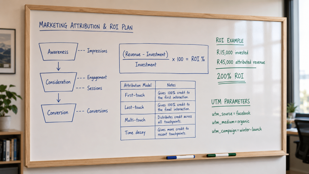Social media roi south africa measurement framework drawn on a whiteboard with handwritten attribution model diagram, conversion funnel boxes, Rand-priced cost-per-acquisition calculations, and UTM tagging examples for an SA marketing planning session