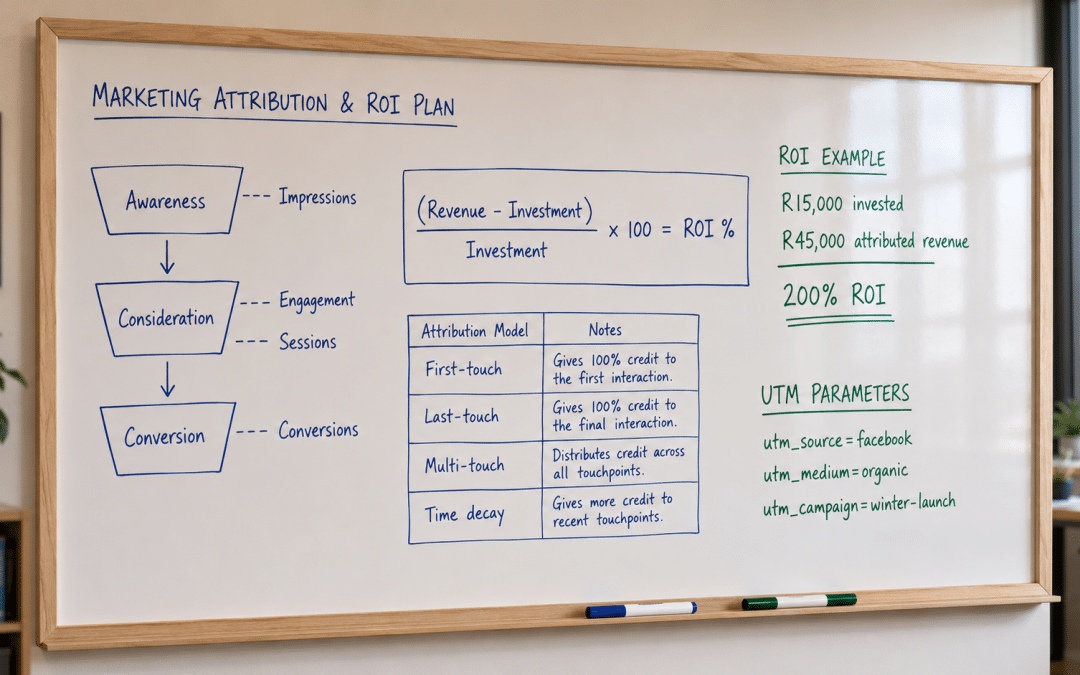 Social media roi south africa measurement framework drawn on a whiteboard with handwritten attribution model diagram, conversion funnel boxes, Rand-priced cost-per-acquisition calculations, and UTM tagging examples for an SA marketing planning session