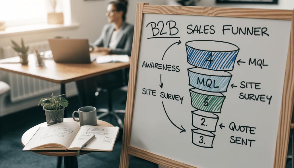 Solar lead generation South Africa — whiteboard mapping out a B2B sales funnel for a SA solar installer