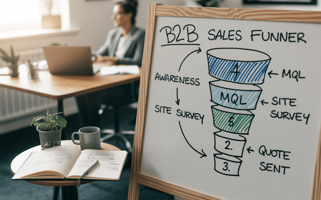 Solar lead generation South Africa — whiteboard mapping out a B2B sales funnel for a SA solar installer