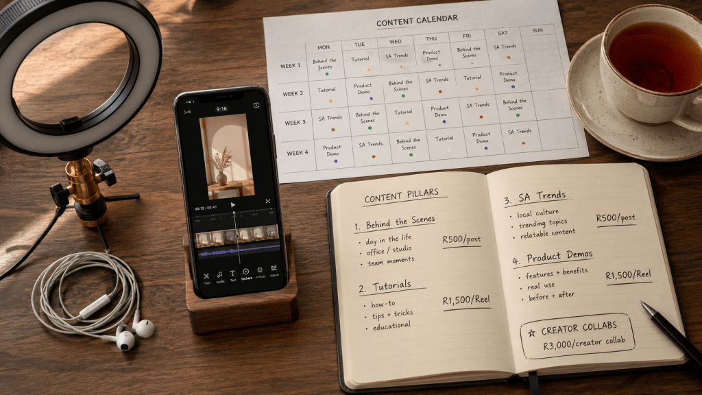 Tiktok marketing strategy south africa planning workspace with smartphone showing a vertical video editing interface, a printed content pillar plan with handwritten Rand-priced campaign budgets, and a notebook listing trending audio ideas for South African audiences
