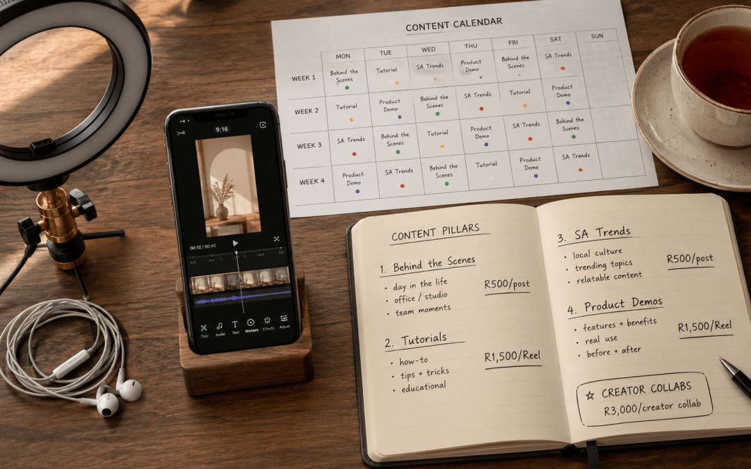 Tiktok marketing strategy south africa planning workspace with smartphone showing a vertical video editing interface, a printed content pillar plan with handwritten Rand-priced campaign budgets, and a notebook listing trending audio ideas for South African audiences
