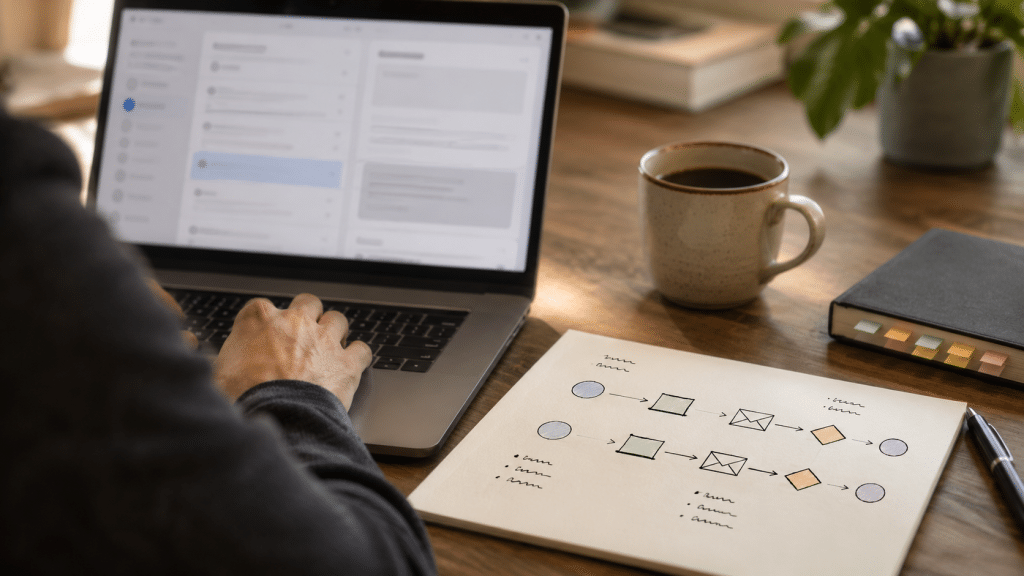 Transactional email south africa over-the-shoulder shot of a developer reviewing an order confirmation email layout on a laptop with separated sending streams sketched on paper