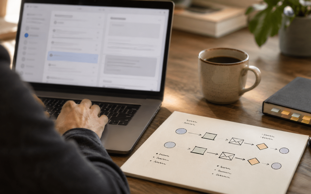 Transactional email south africa over-the-shoulder shot of a developer reviewing an order confirmation email layout on a laptop with separated sending streams sketched on paper