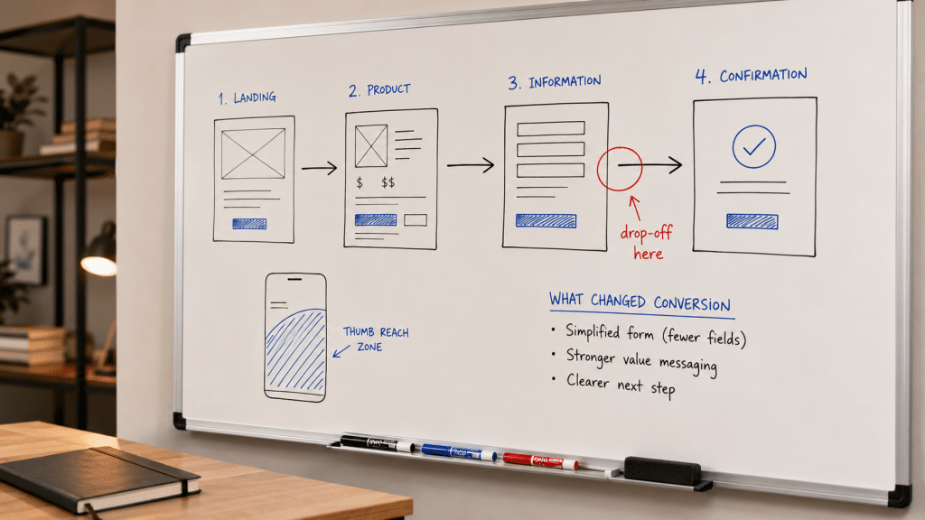 Ux design south africa user-flow sketched on a whiteboard with screen wireframes, a drop-off point circled in red, and conversion notes in marker