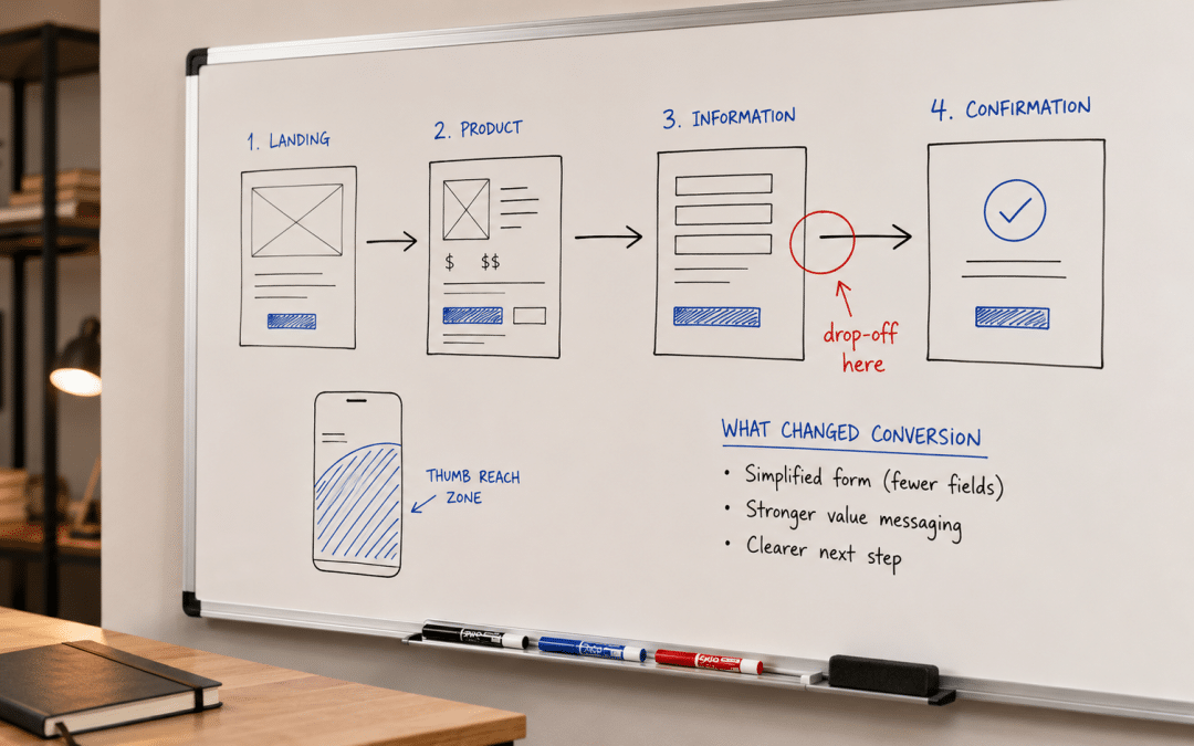 Ux design south africa user-flow sketched on a whiteboard with screen wireframes, a drop-off point circled in red, and conversion notes in marker
