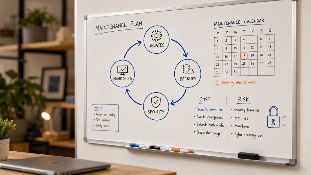 Website maintenance south africa planning sketched on a whiteboard with a recurring update cycle, a backup loop, and a cost-versus-risk note in marker