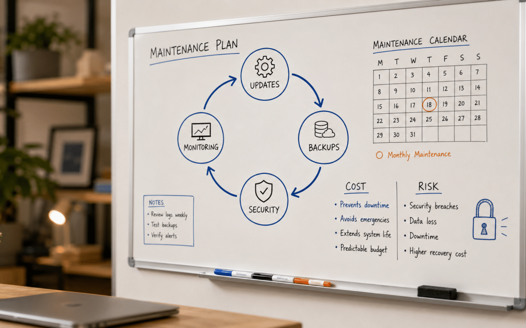 Website maintenance south africa planning sketched on a whiteboard with a recurring update cycle, a backup loop, and a cost-versus-risk note in marker